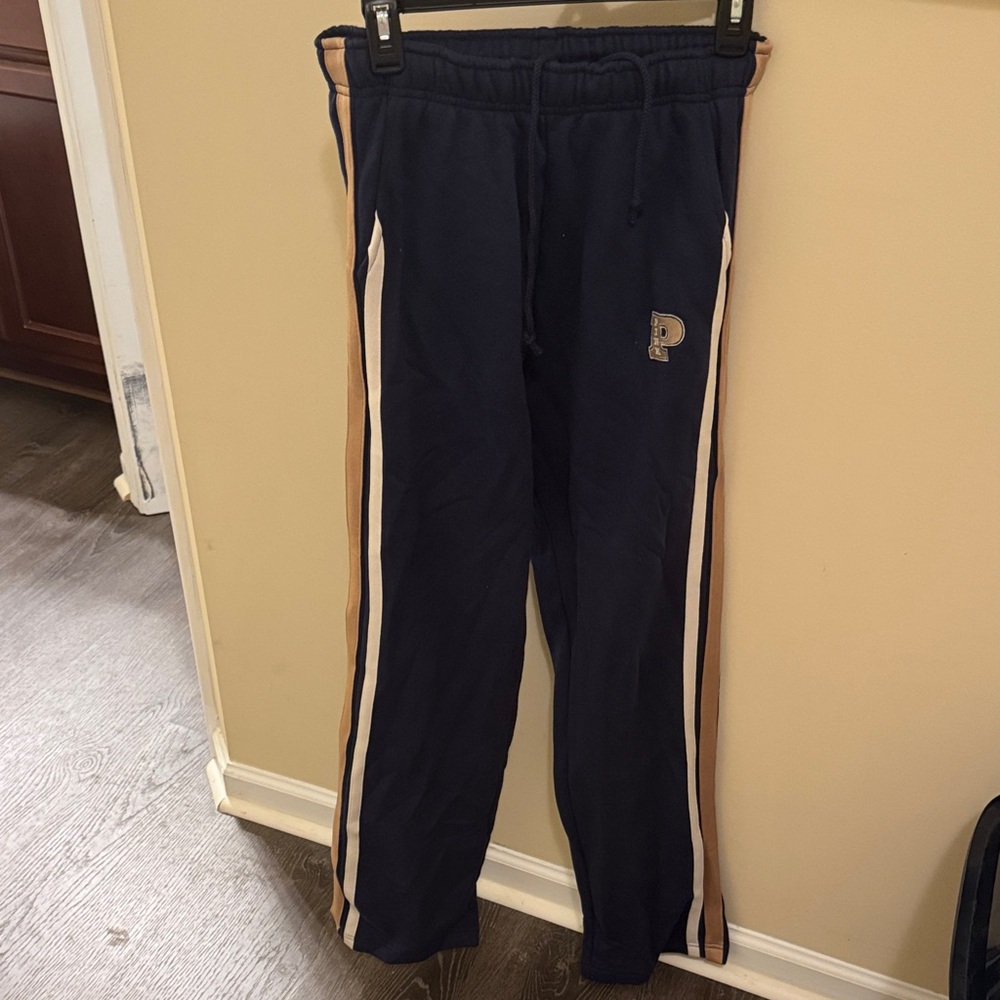 Women’s Navy Track Pants with Tan Stripes